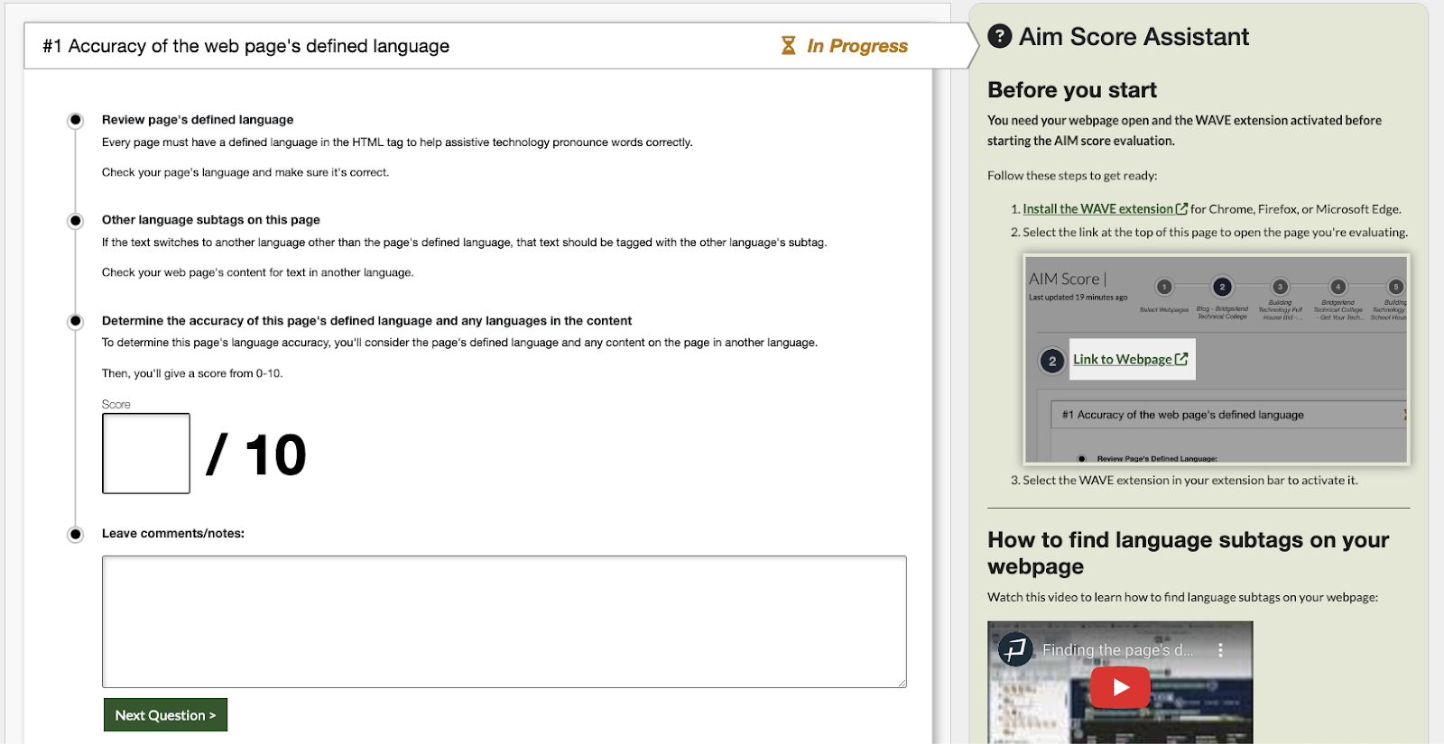 Steps in the AIM Score Wizard for evaluating the page's defined language. On the right side, the AIM Score assistant is open with help content and videos.