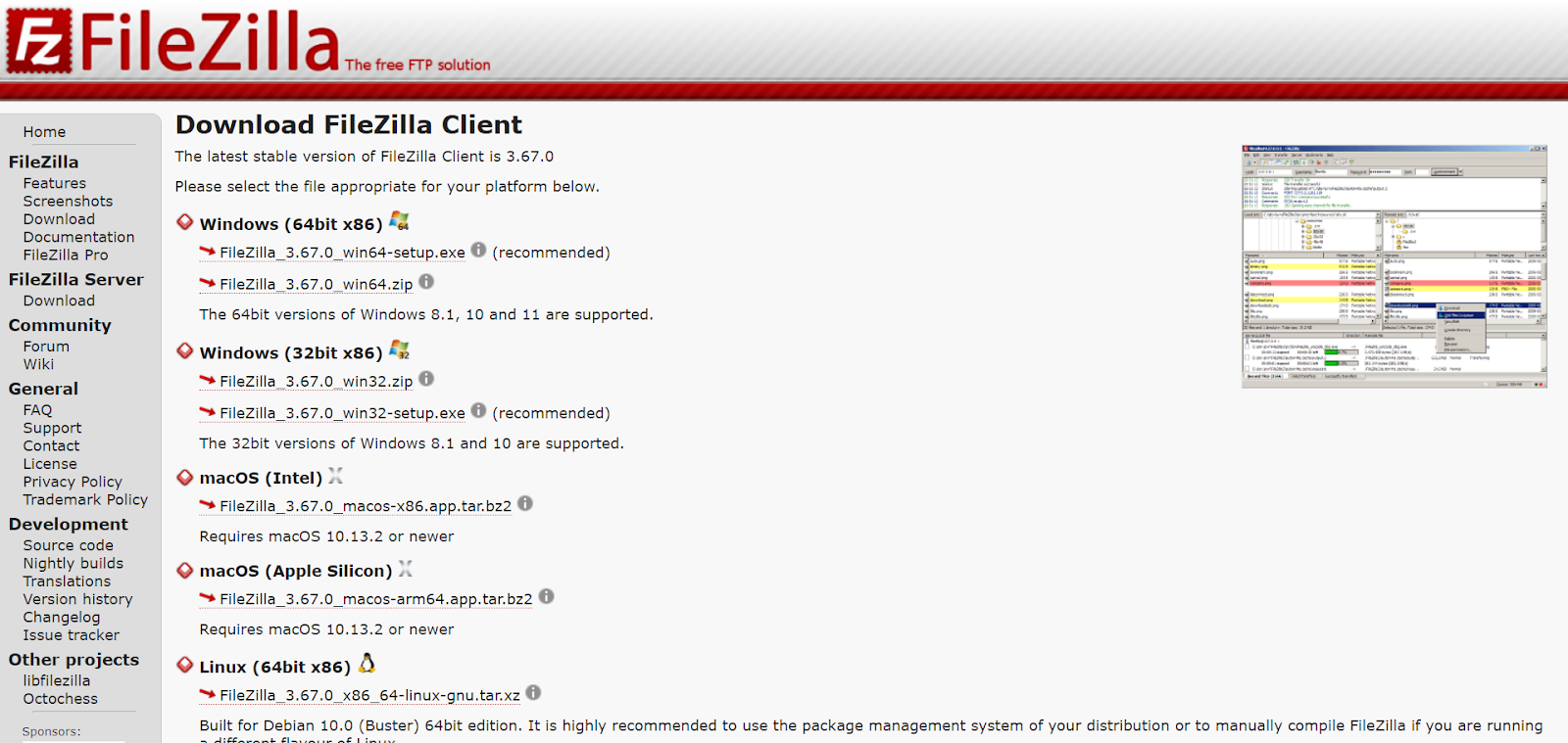 A screenshot of FileZilla's website