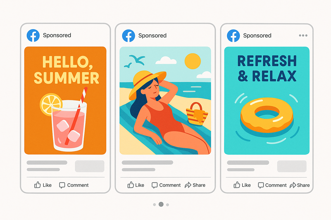 Summer-themed Facebook carousel ad mockup