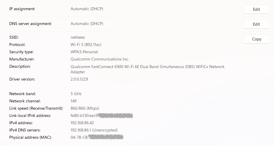 WiFi settings in windows