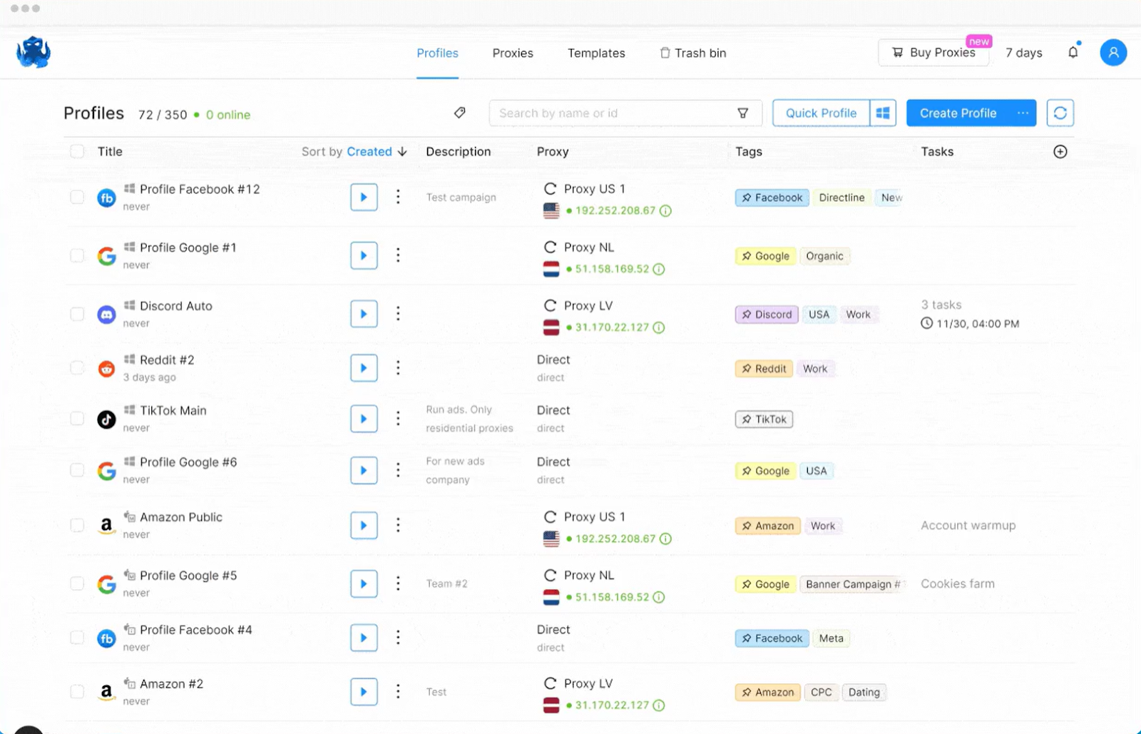 Octo Browser application dashboard