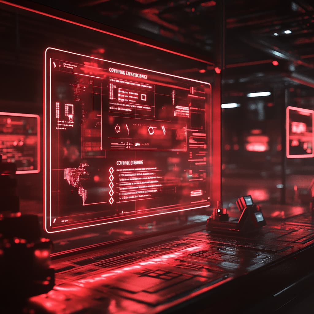 
A cyber incident response team in action, with a glowing 'IRP Activated' alert on a transparent screen. Flowcharts showing 'Contain → Eradicate → Recover' steps. Emergency red lighting with a futuristic HQ vibe.