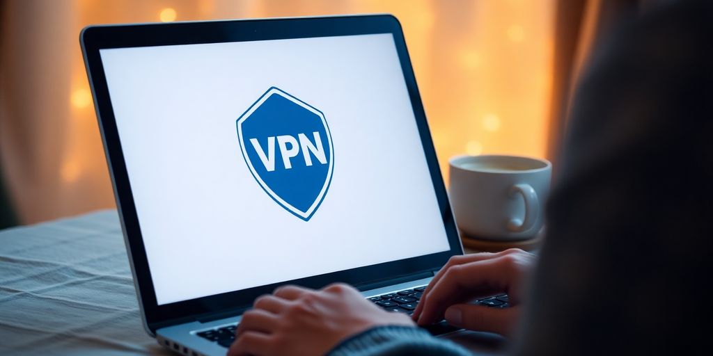 Person using laptop with VPN logo on the screen.