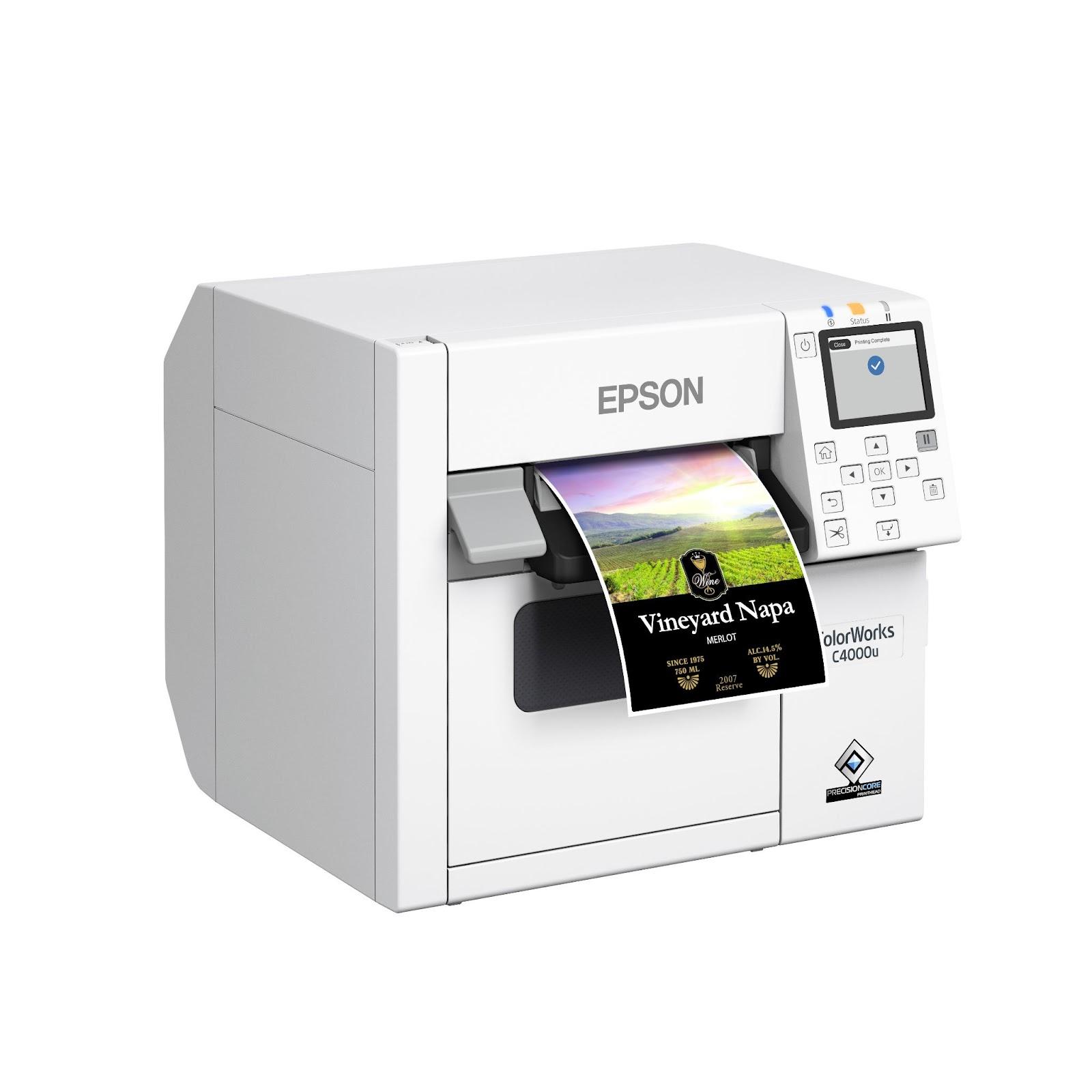 Epson C4000 label printer printing a wine bottle label
