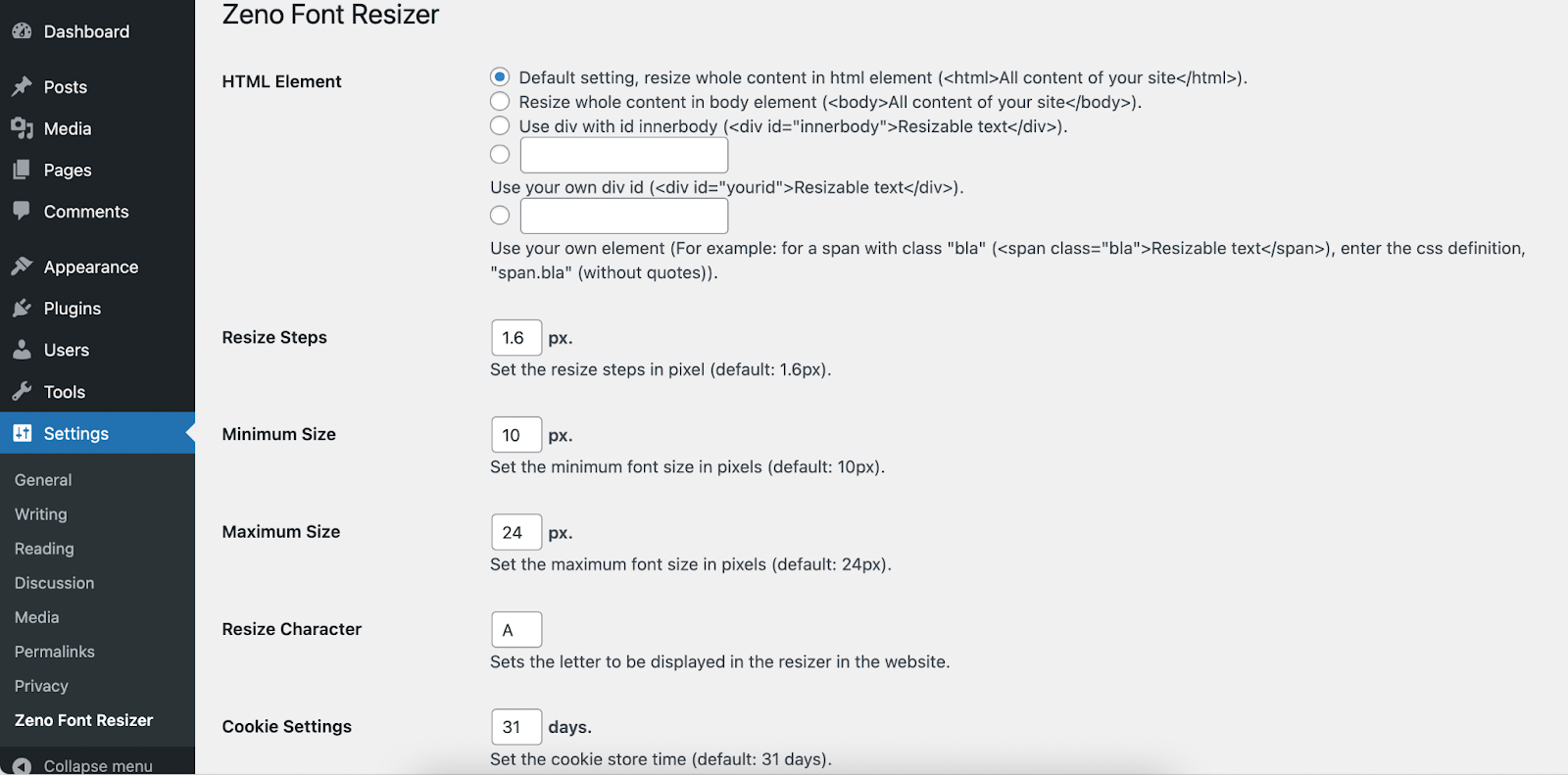 Pantalla de configuración para el plugin de WordPress Zeno Font Resizer