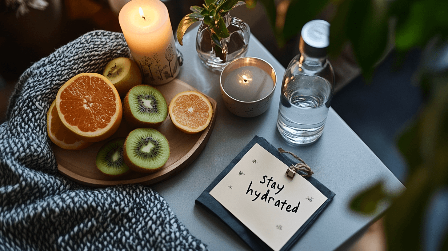A calm and cozy setup with sliced kiwi and oranges on a wooden plate, candles, a water bottle, and a card that reads Stay hydrated, all on a softly lit table.