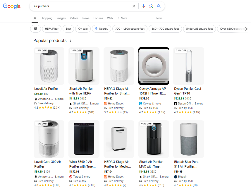 Google displays the Popular Products feature for a plural keyword “air purifiers”.