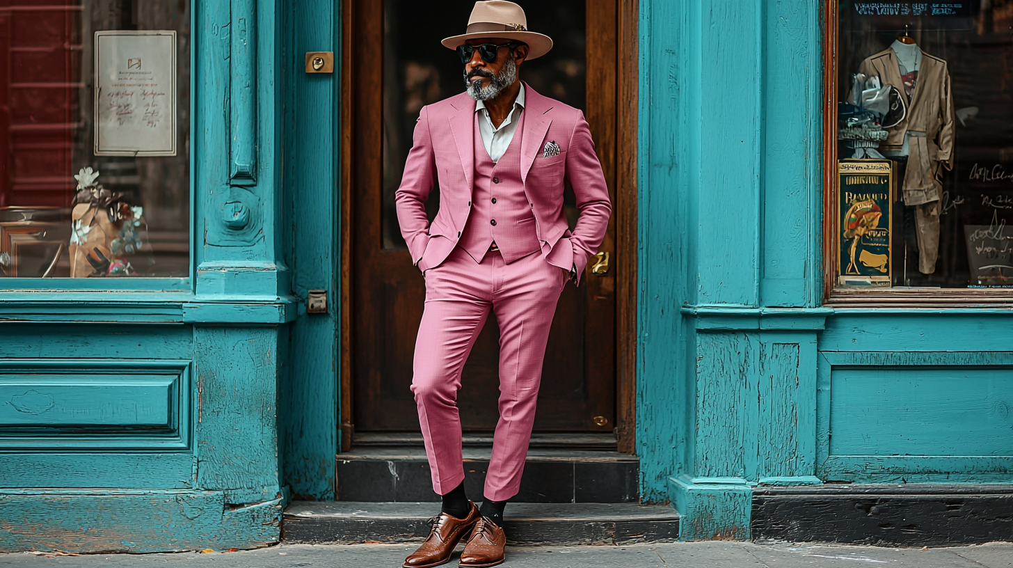 
A man wearing a pink suit, complemented by stylish shoes and hats. 1. Shoes: A pair of polished black or brown leather shoes, showcasing a sleek and sophisticated look. For a more relaxed twist, dark suede shoes are worn with the suit, adding texture and depth. 2. Hats: A simple, elegant fedora or panama hat in neutral tones like beige, perched stylishly on the man’s head, complementing the overall outfit. The setting is an upscale outdoor or indoor venue with soft lighting, focusing on the details of the shoes and hats against the vibrant pink suit. Photorealistic style with emphasis on the polished accessories.