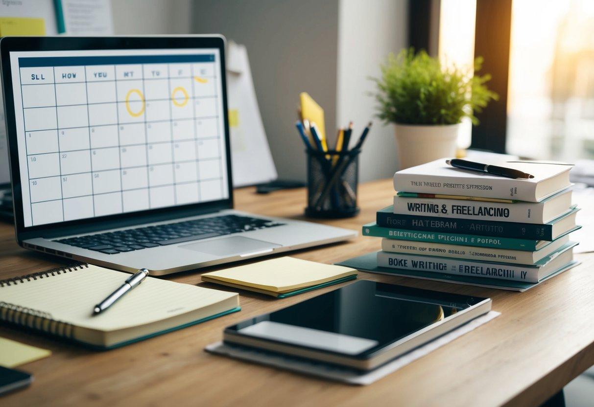 A cluttered desk with a laptop, notepad, and pen. A calendar with dates circled. A stack of books on writing and freelancing