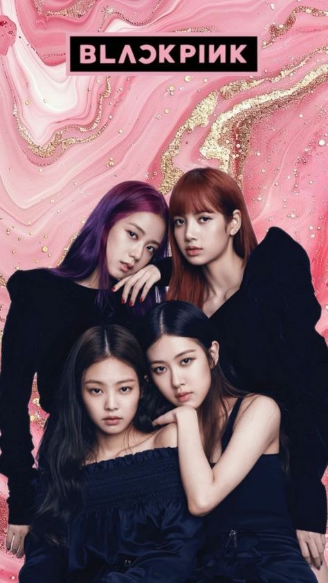 This  contain an image of  blackpink's album cover with three girls in front of a pink background