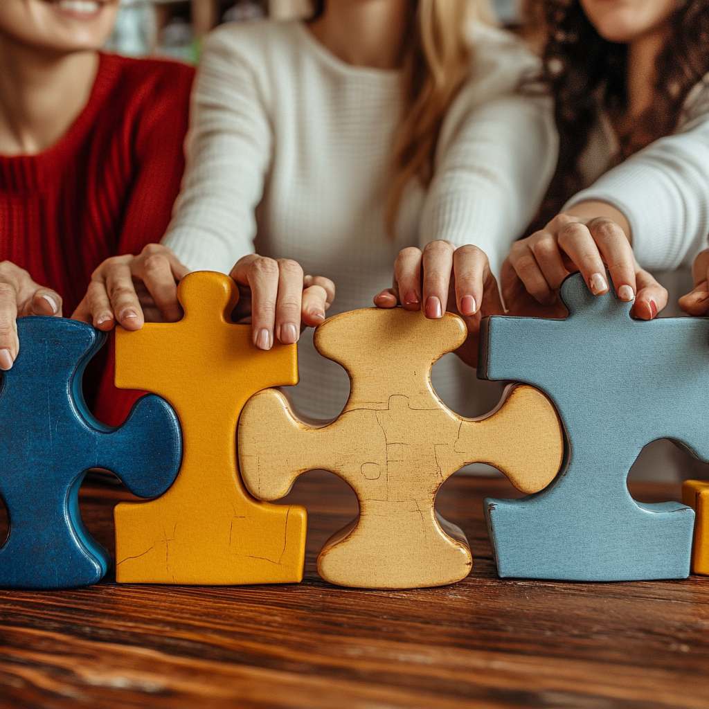 Coworkers collaboratively assembling four color-coded puzzle pieces, representing how Insights reduces conflict and enhances team synergy.