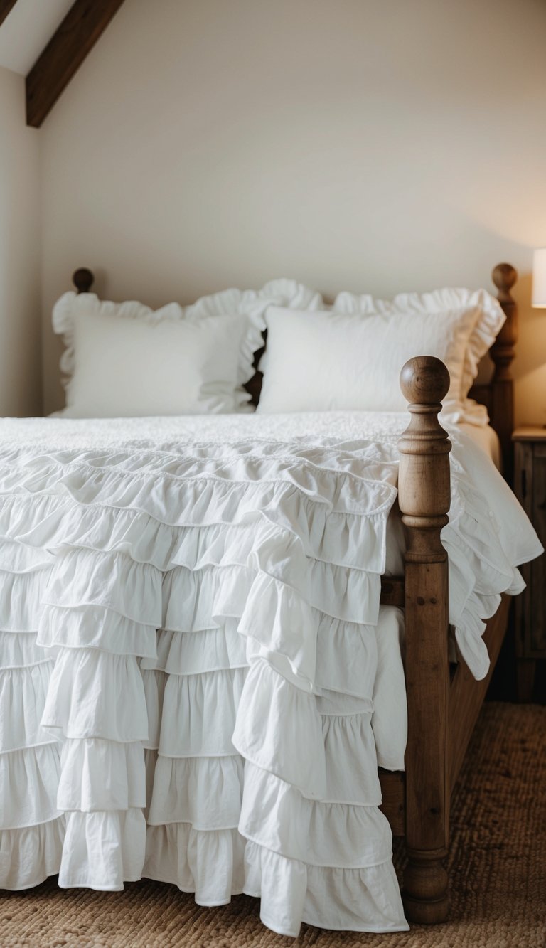 A ruffled white cotton quilt draped over a rustic wooden bed frame in a cozy farmhouse bedroom