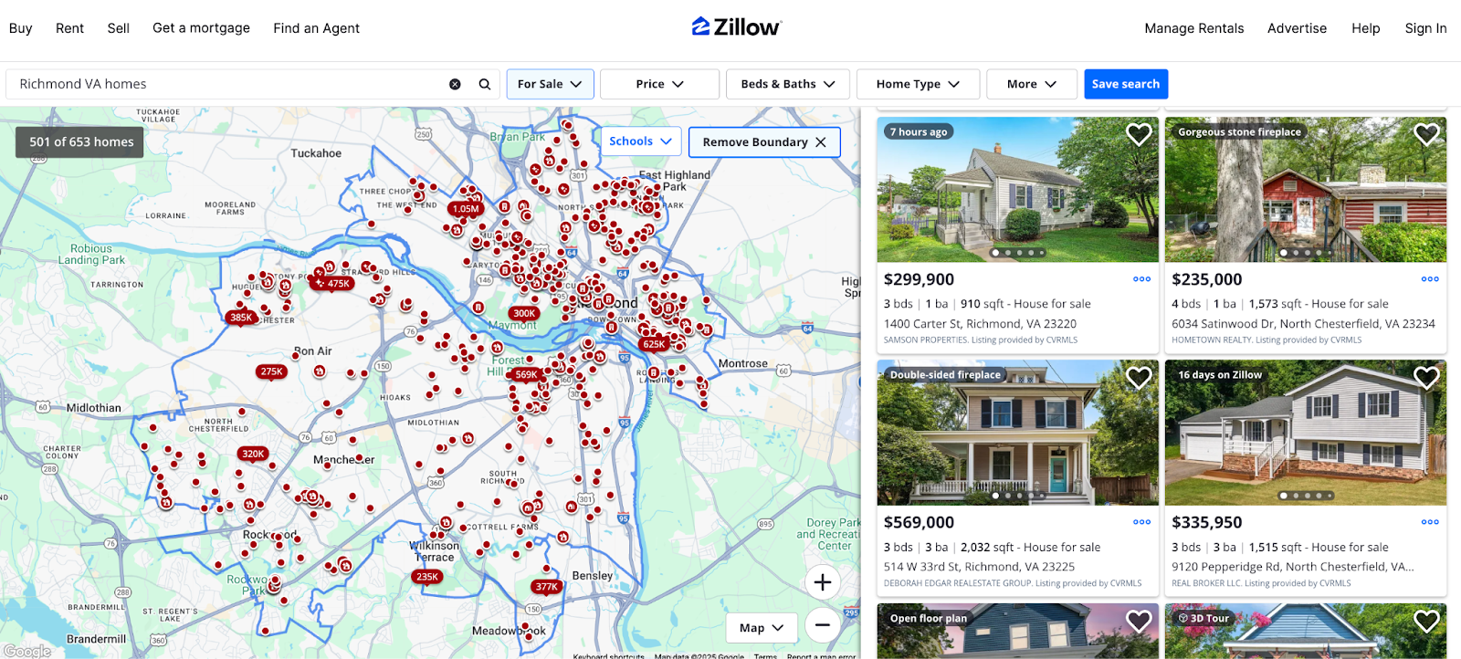 Zillow’s map and home listings for Richmond, Virginia, showing over 650 active properties