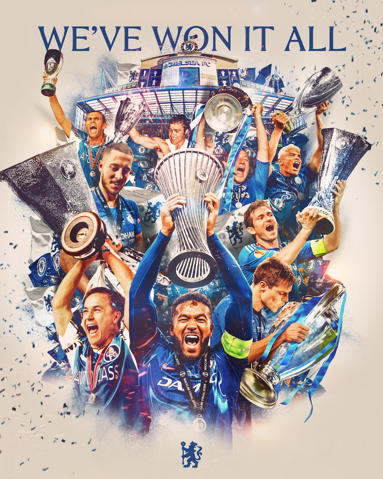 Poster de jogadores do Chelsea levantando taças de diferentes campeonatos