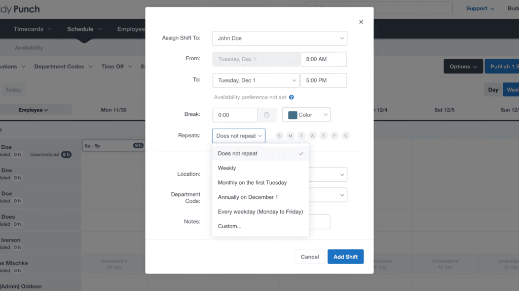 Schedule the frequency of a shift or schedule. 