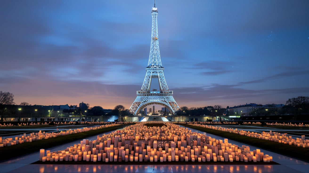 Eiffel Tower Lit Candles Pray Olympic Paris 2024