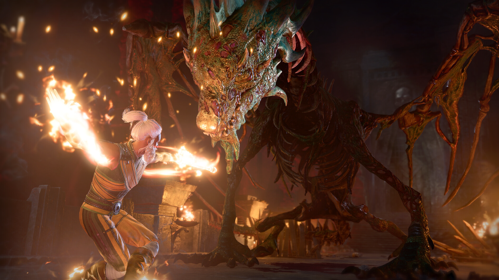 Screenshot of a character fighting a dragon in Baldur’s Gate 3.