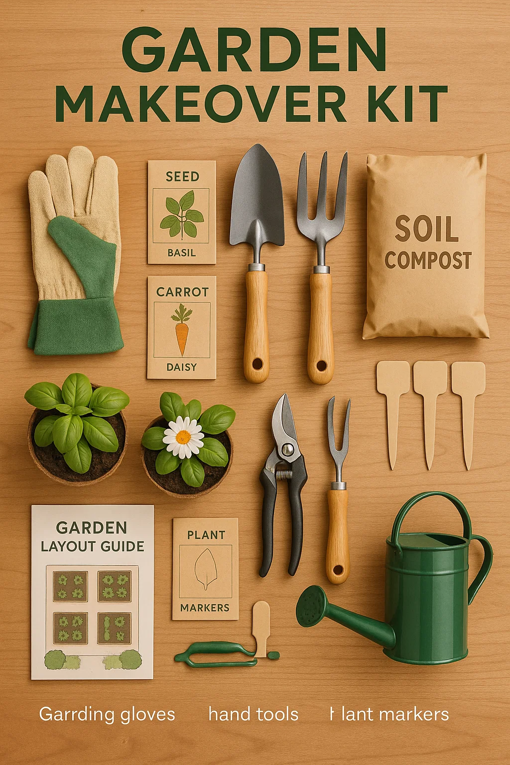 A clean, well-lit flat lay of the contents of a garden makeover kit, neatly arranged on a wooden or grassy surface. Include: Seed packets or small potted plants Gardening gloves Hand tools (like a trowel, pruners, and hand rake) Soil or compost bags Plant markers Garden layout guide or instruction booklet Small watering can or hose attachment Each item is labelled subtly or visually grouped to show organisation. The overall feel should be inviting, organised, and beginner-friendly, showing the reader that everything they need is included in one easy bundle.