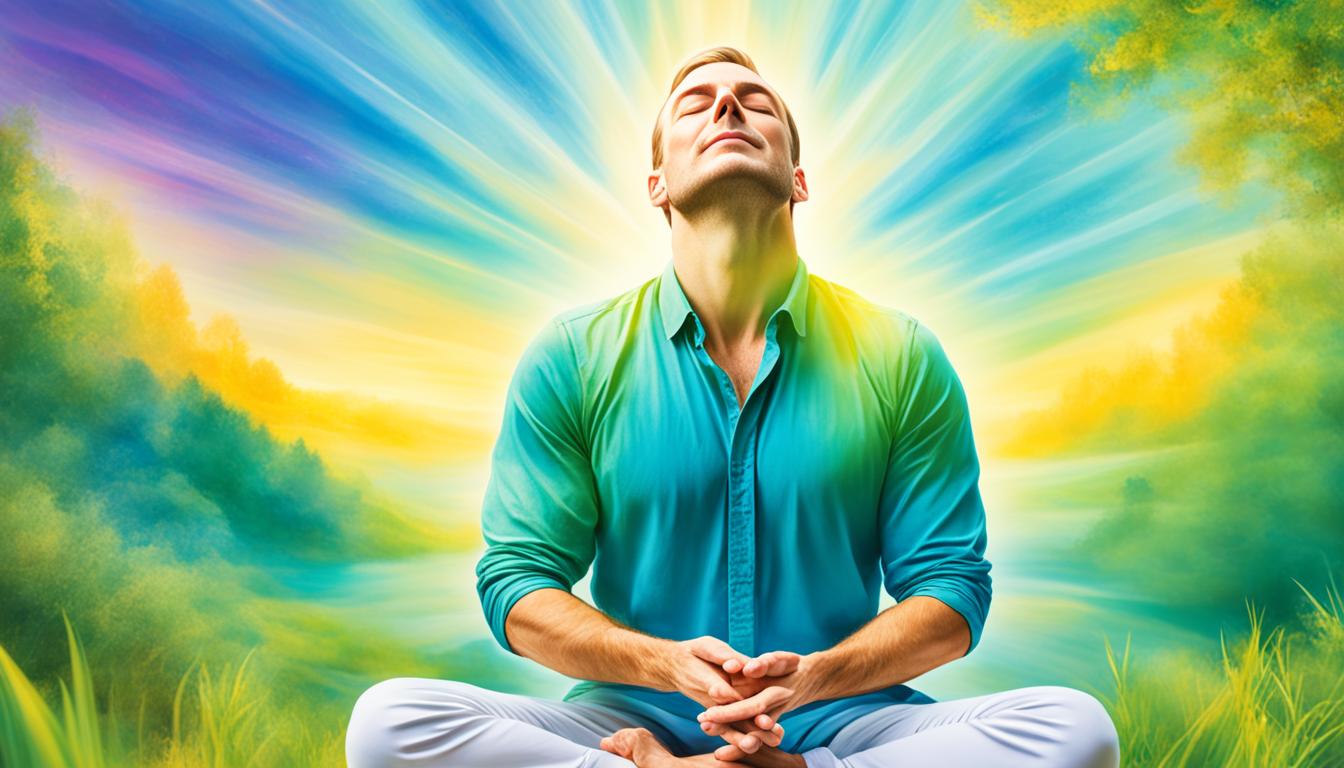 A serene image of a person seated cross-legged with closed eyes, surrounded by a golden aura. Their hands are resting on their knees, palms facing upwards. Their chest rises and falls with slow, deep breaths as they practice Neville Goddard's breathing technique. The background consists of a beautiful natural landscape with vibrant hues of blue and green.