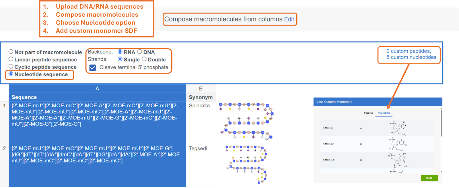 Bulk register single-stranded DNA and RNA sequences with custom monomers: