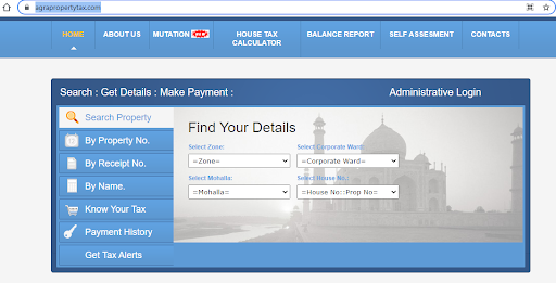 Agra property tax portal homepage for payment and details lookup.