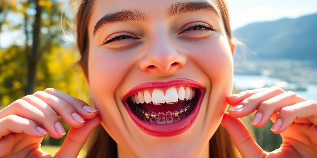 Smiling person with clear aligners in beautiful Abbotsford.