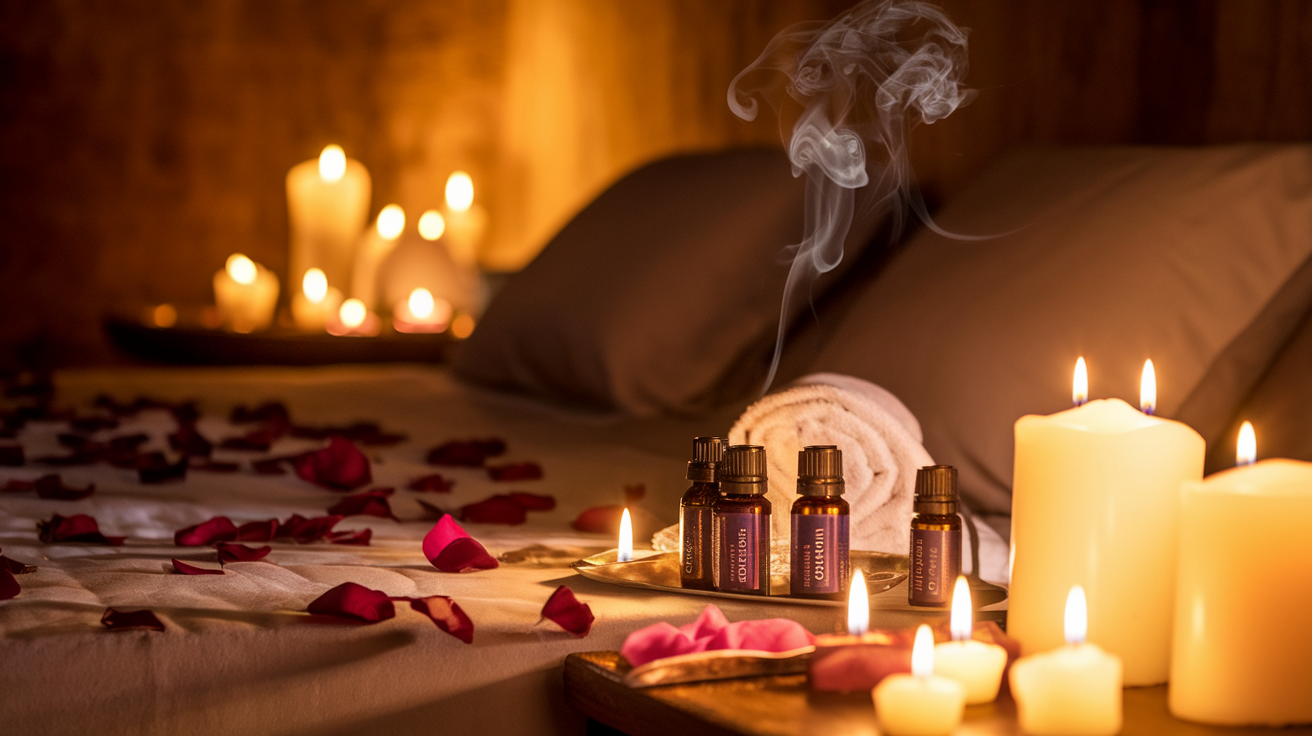 Create a realistic image of a dimly lit bedroom with soft candles flickering around the space, rose petals scattered on a plush bed, essential oil bottles and massage oils arranged neatly on a bedside table, warm ambient lighting creating a relaxing atmosphere, with subtle incense smoke wafting through the air, and soft, folded towels nearby.