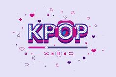 This contains an image with the k-pop logo with hearts and other symbols around it on a purple background