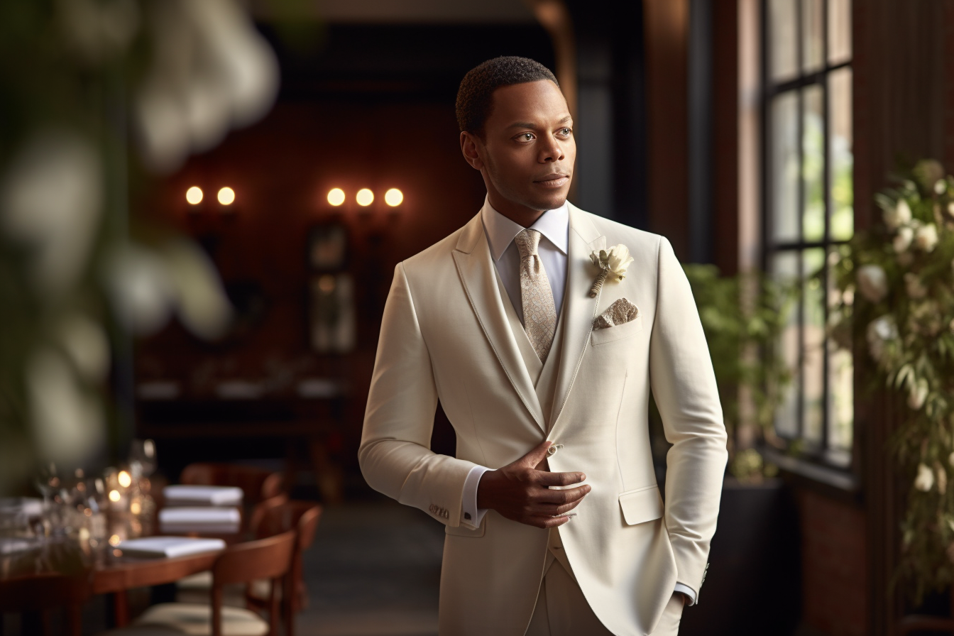 
A groom in an elegant ivory or off-white suit, standing gracefully in a romantic wedding setting. The softer, warmer tone of the suit creates a flattering, gentle look, complementing the groom’s features. The suit is tailored to perfection, with subtle details and polished shoes adding to the sophisticated charm. The warm hue of the suit blends beautifully with the venue’s soft lighting and natural surroundings, creating a serene and refined wedding atmosphere