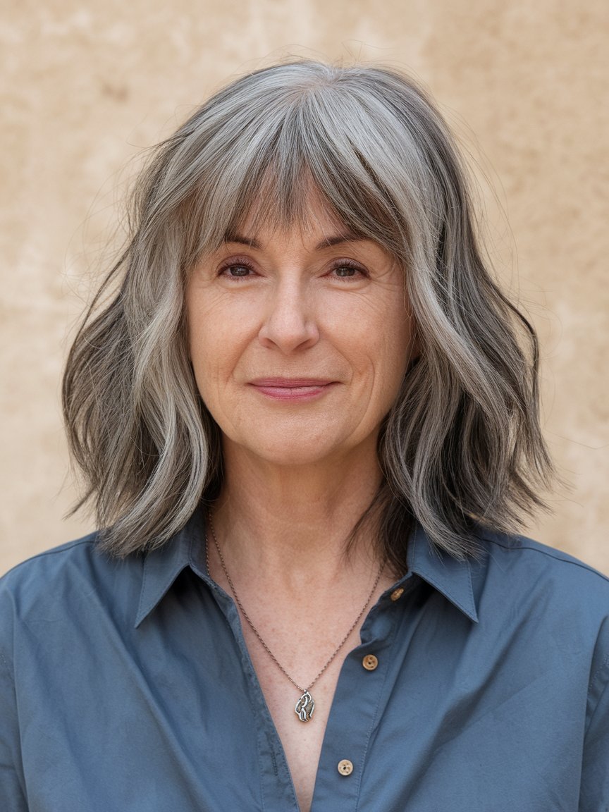 11. Mid-Length Gray Shag with Bangs