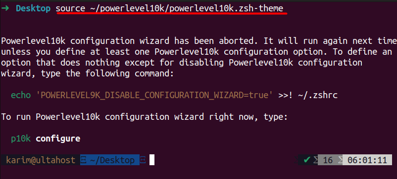 Terminal output showing Powerlevel10k theme sourced using source ~/powerlevel10k/powerlevel10k.zsh-theme command