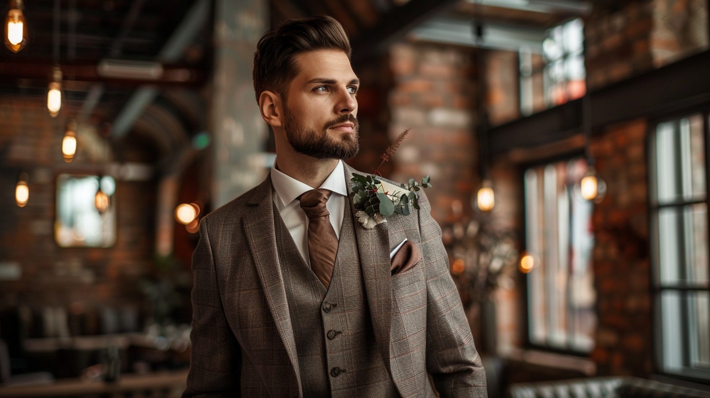 A groom in a refined three-piece suit with matching vest, jacket, and trousers, standing in a formal wedding venue. Accessorized with a pocket square and boutonnière for a polished look.