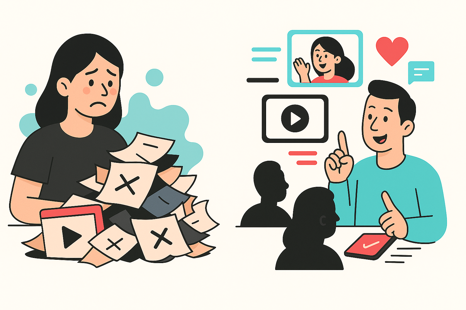 Vector illustration comparing rushed low-quality content with fewer high-quality TikTok videos and engaged viewers.