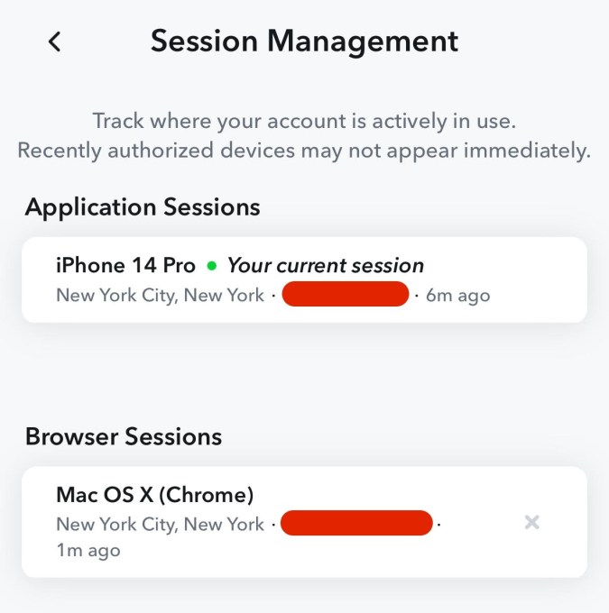 a screenshot user session management in Snapchat's iOS app, showing all the places where users are logged in