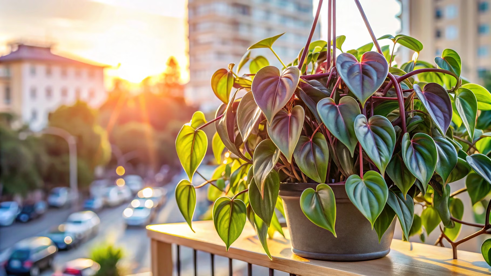 Philodendron erubescens em uma varanda iluminada pelo sol, crescendo em uma cesta suspensa.