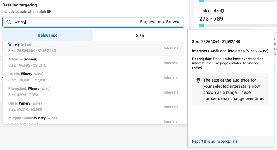 A screenshot of Meta’s detailed targeting options. The image shows an example of a winery keyword along with the audience size results and details, as well as additional related suggestions.