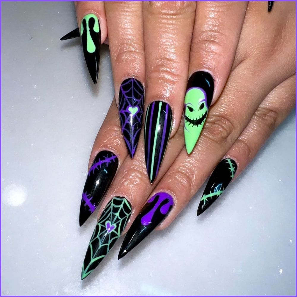 Close up of nails with spooky nails having Gothic Halloween Nails