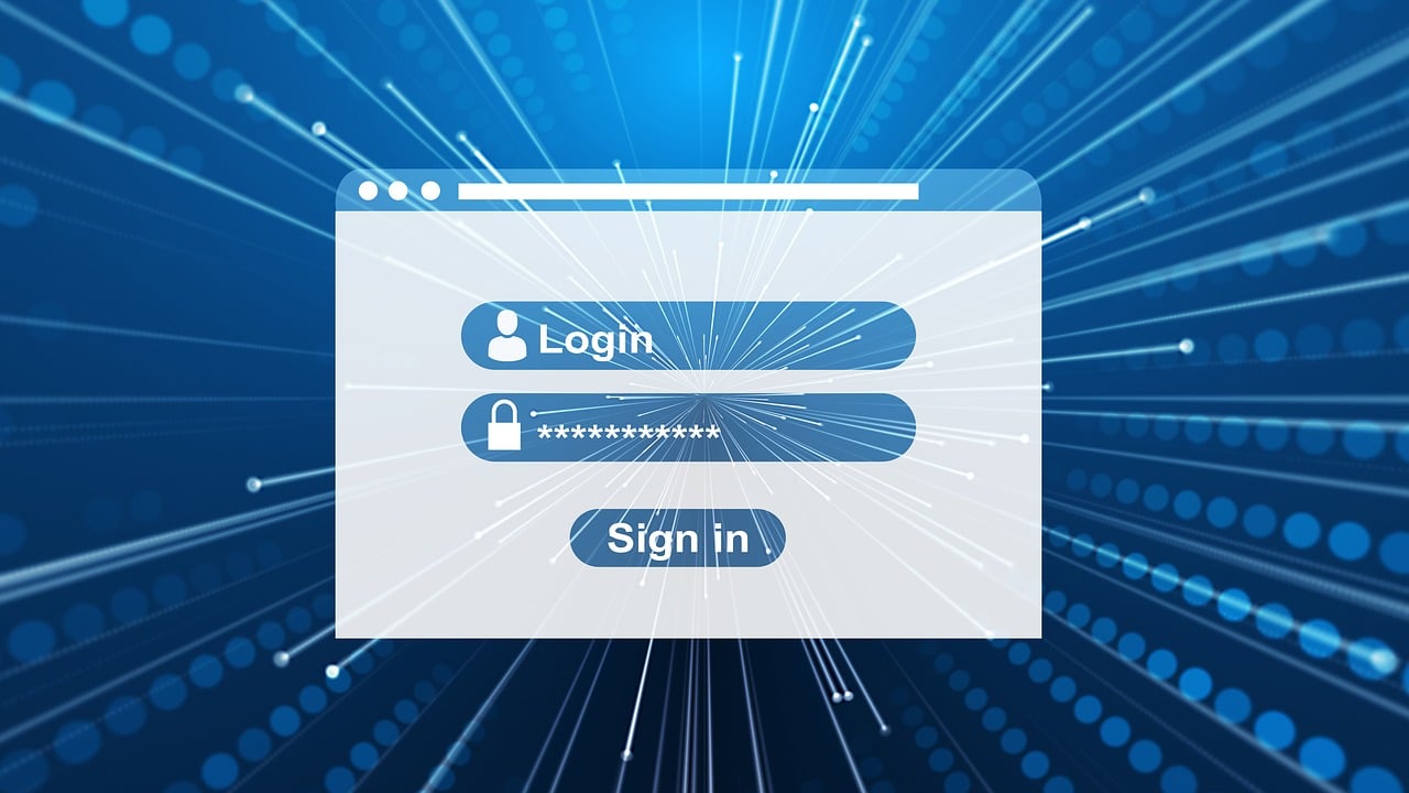 A digital image of a login screen with fields for username and password, set against a blue background with radiating light lines.