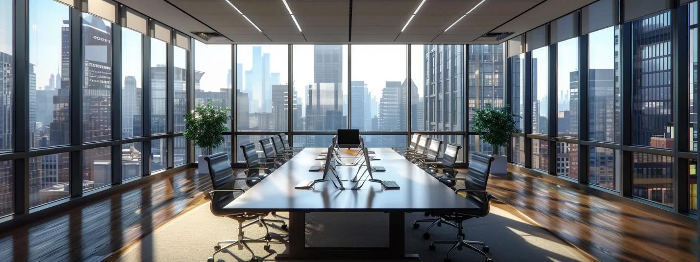 A conference room featuring a large window with a city view, set for a discussion on proposal quality and automation.