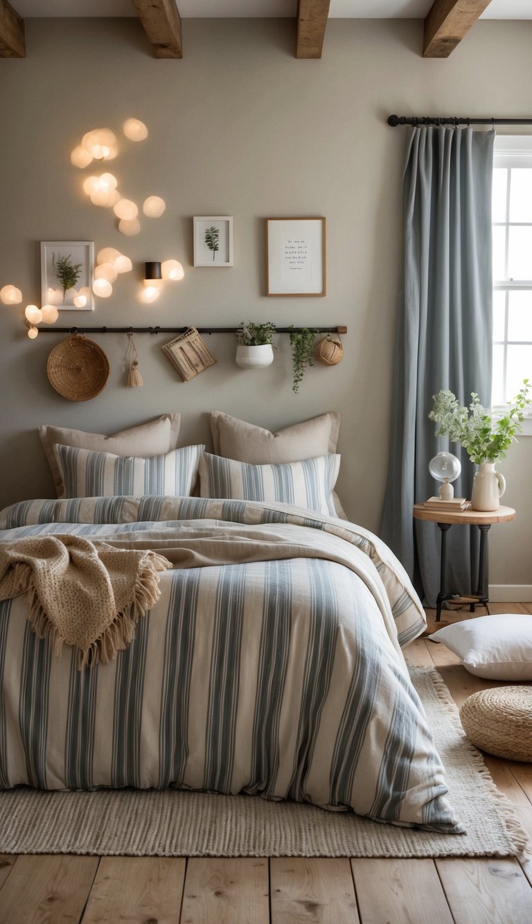 A cozy bedroom with a rustic farmhouse style, featuring a grain sack stripe duvet on a neatly made bed surrounded by 22 different bedding ideas