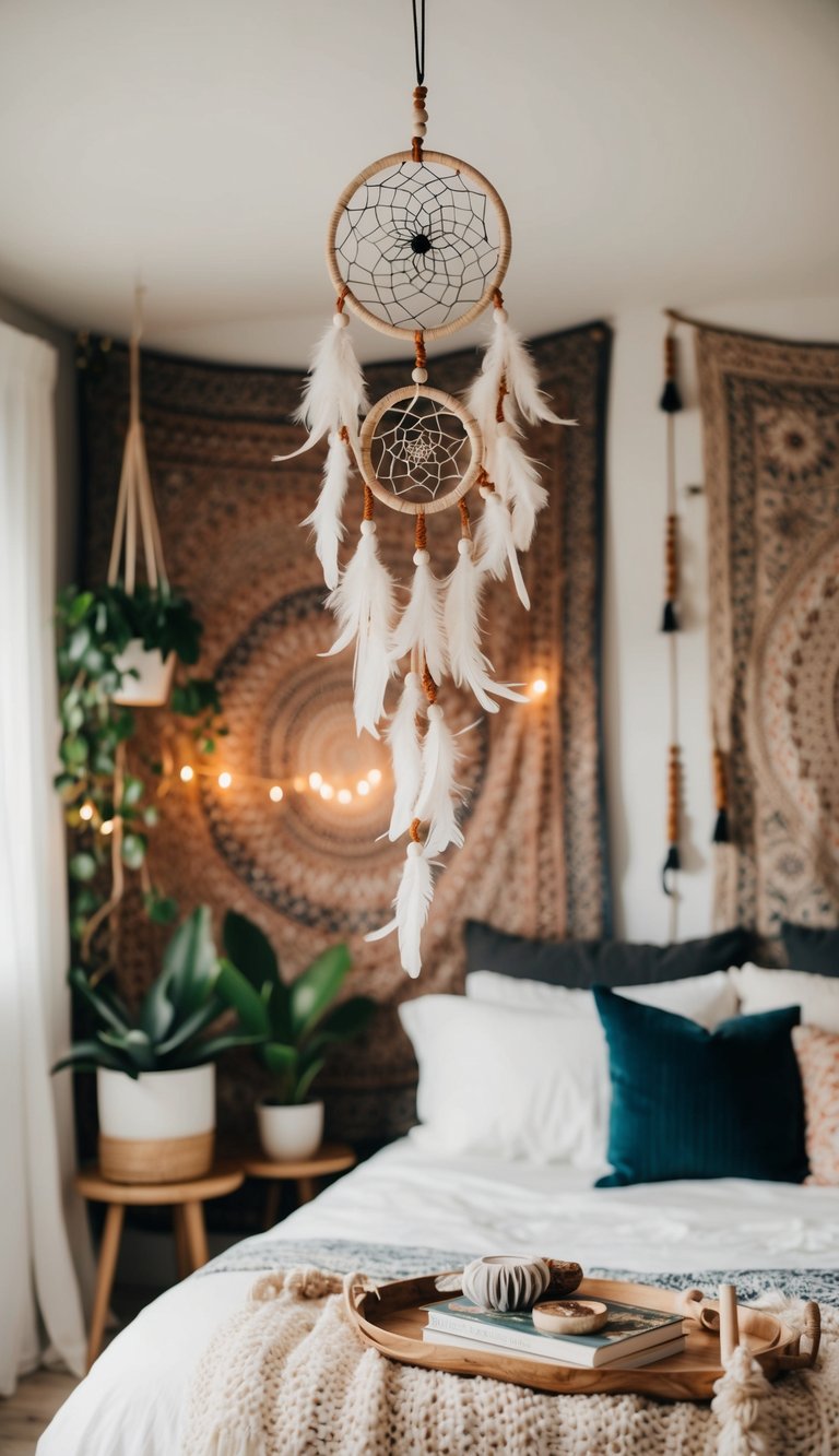 A cozy bedroom with a dream catcher hanging above the bed, surrounded by bohemian decor such as tapestries, plants, and soft lighting