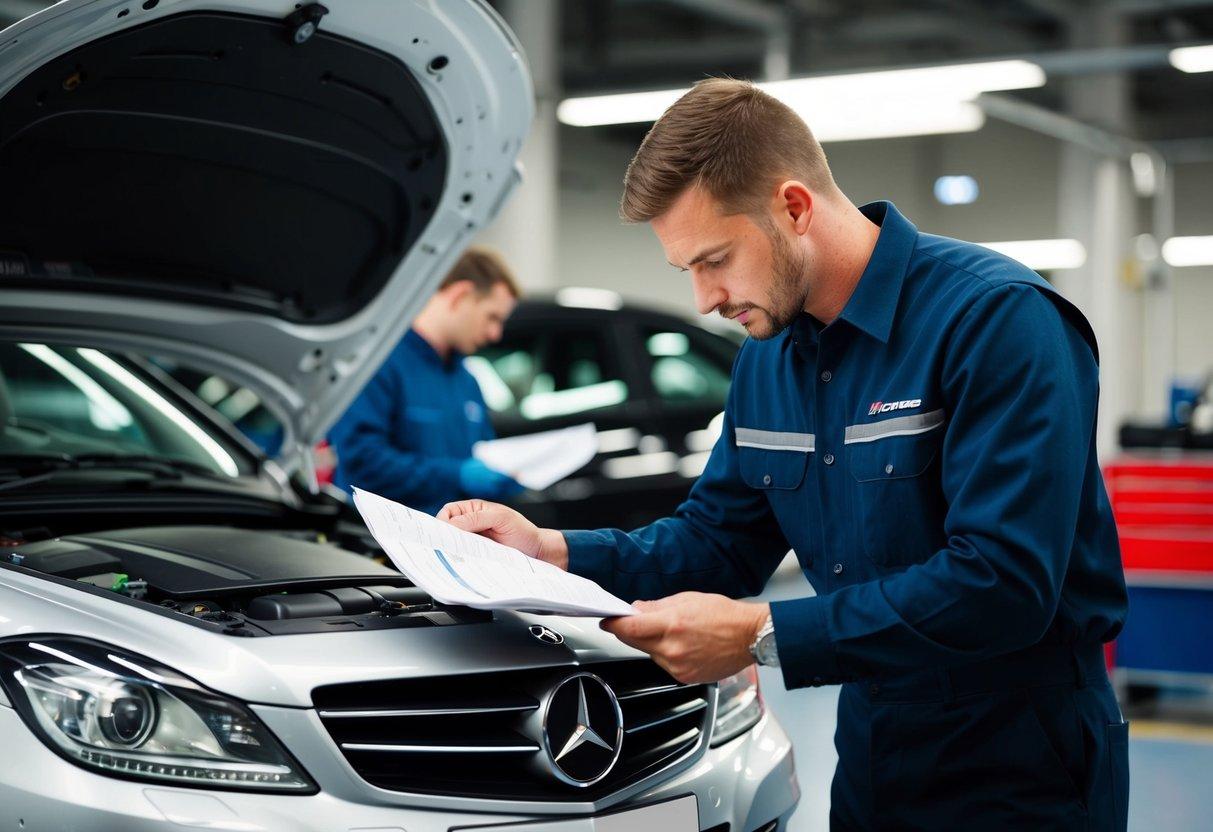 A mechanic using a Mercedes service manual to repair a 2013 C Class car