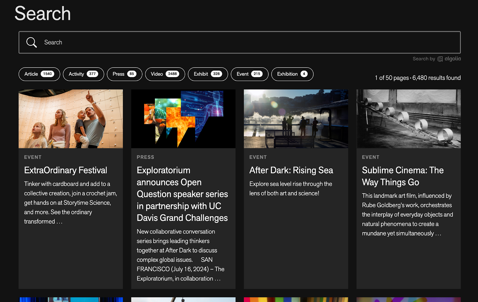 A screengrab of the back-end of the Exploratorium website showing the InstantSearch interface