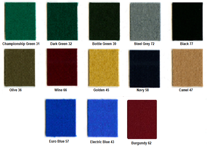 Rows of pool table felt colour swatches.