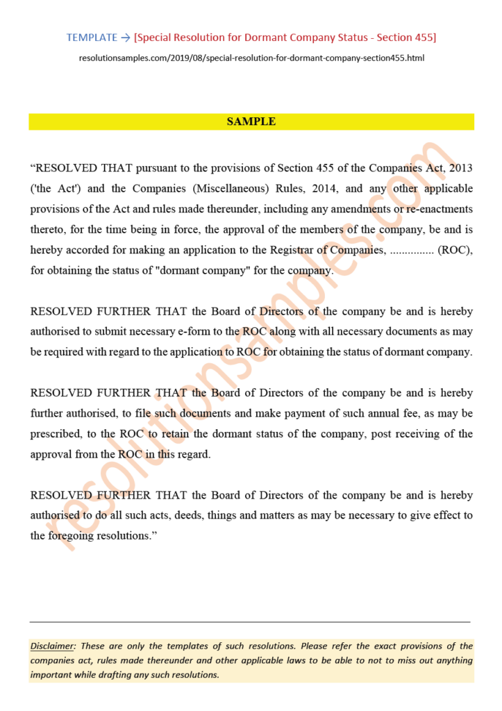 Special Resolution for Dormant Comapny Status Sample