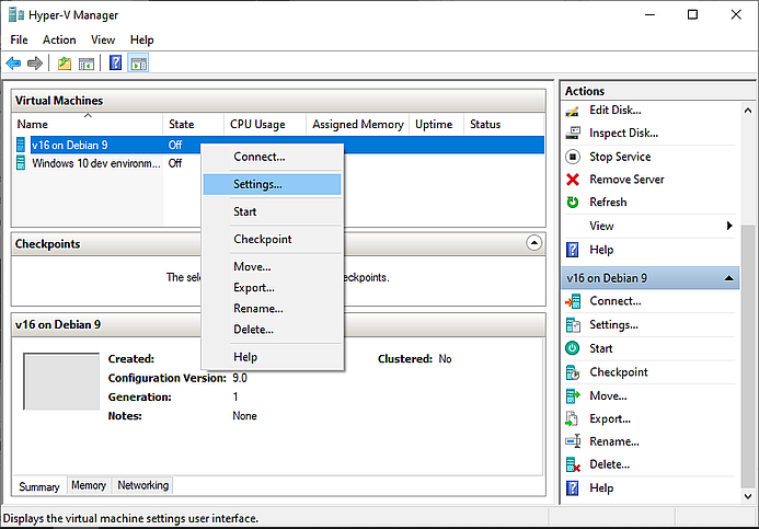 Configure settings for a VM in Hyper-V Manager