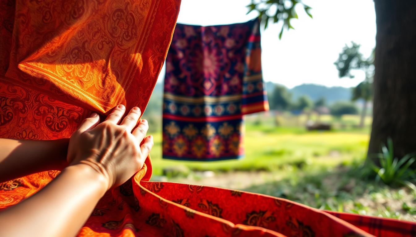 A well-worn batik fabric unfurls, its intricate patterns cast in warm, diffused light. In the foreground, a pair of graceful hands gently stroke the vibrant textile, caressing its soft, supple texture. The middle ground showcases a traditional Malaysian sarong, its vibrant hues and intricate designs a testament to the skilled craftsmanship of the region. In the background, a serene, natural setting provides a tranquil backdrop, evoking the rich cultural heritage that has shaped this iconic textile. The scene emanates a sense of reverence and appreciation for the art of batik, inviting the viewer to experience the beauty and care that goes into preserving this timeless tradition.
