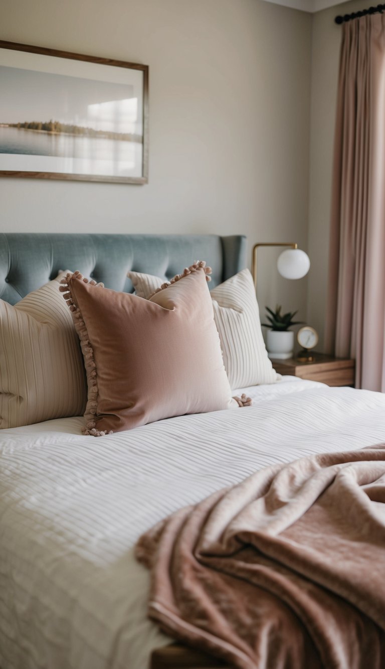 A bed with soft velvet throw pillows in a cozy bedroom