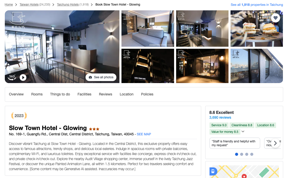 Screenshot of review page for Slow Toen Hotel in Taiwan