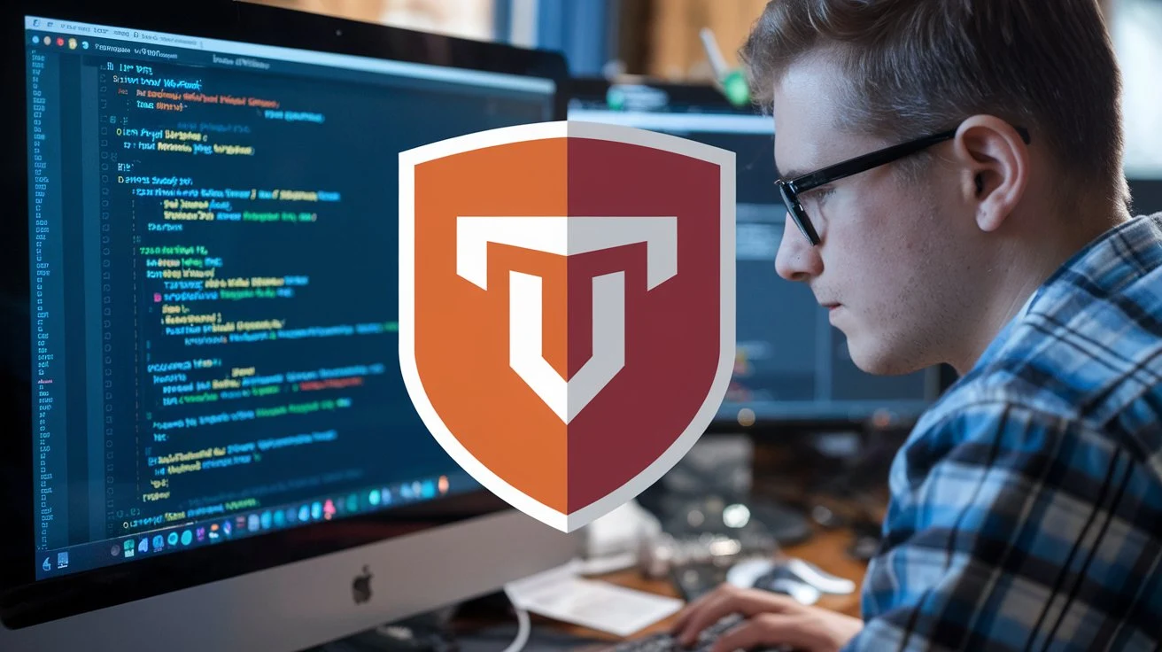 A TypeScript developer coding, with a shield-encased JavaScript logo in the background, representing TypeScript’s improvements in safety.